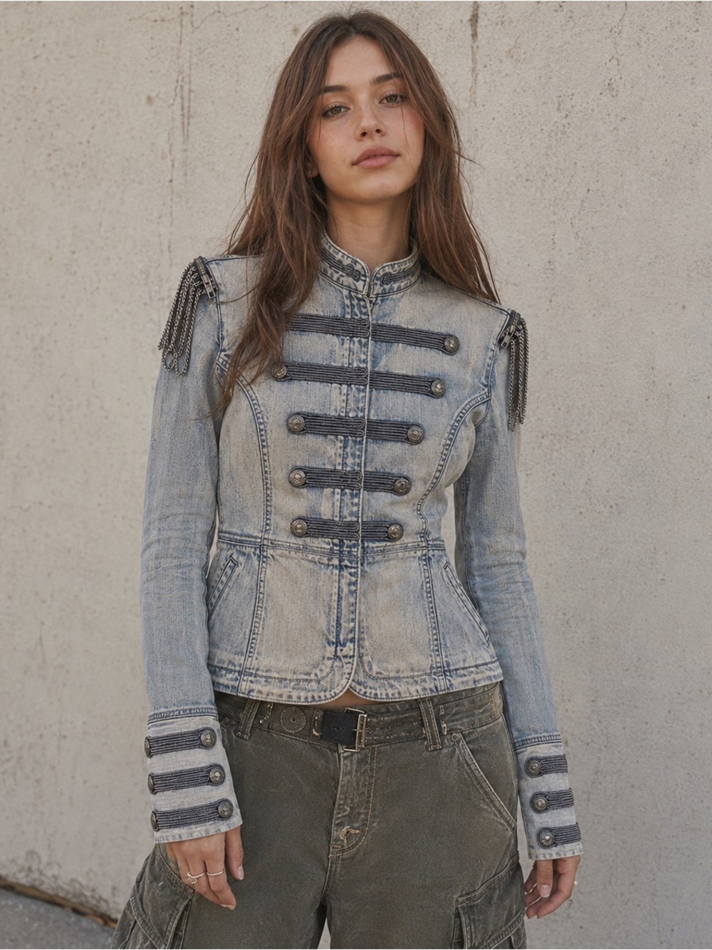Guess Premium One of a Kind Acid Wash Military Denim Jacket L